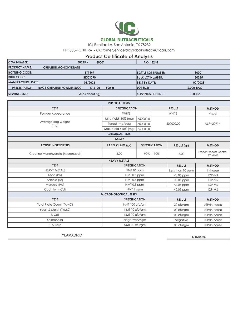 Certificate of Analysis preview — 500g batch BT1497