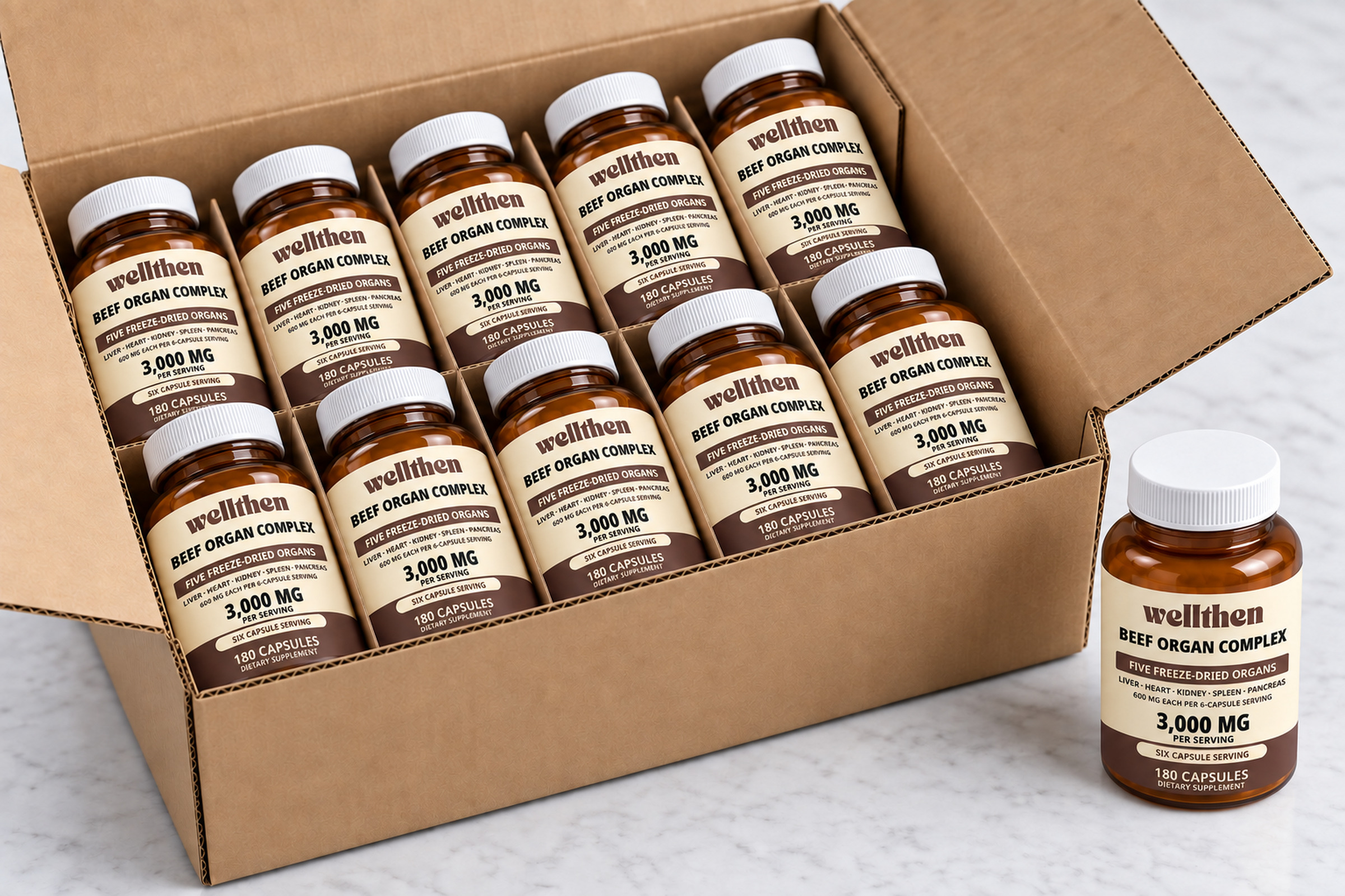 Case of retail-ready beef organ complex bottles with one bottle beside it
