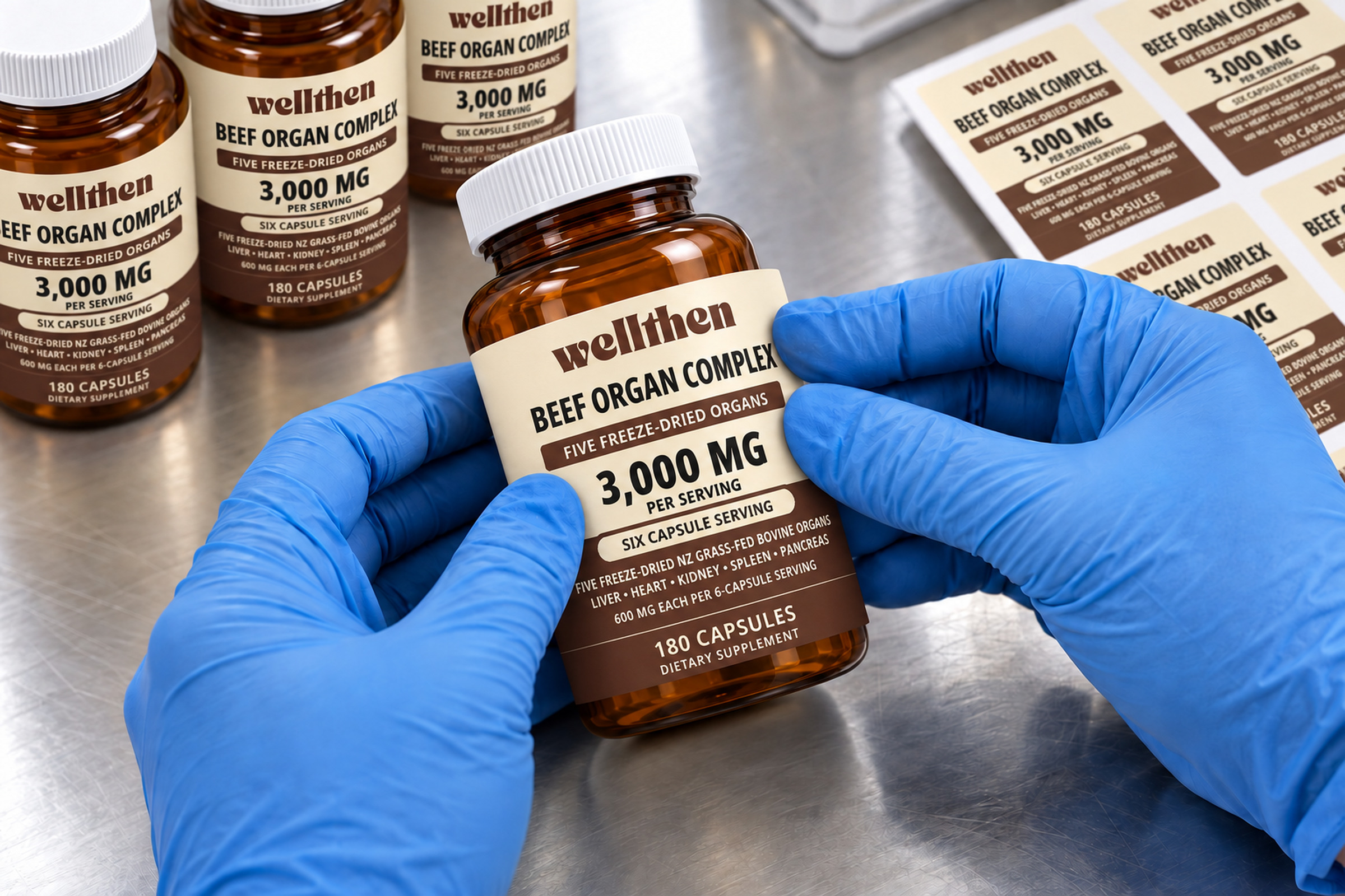 Gloved hands applying a beef organ complex label to a finished amber bottle