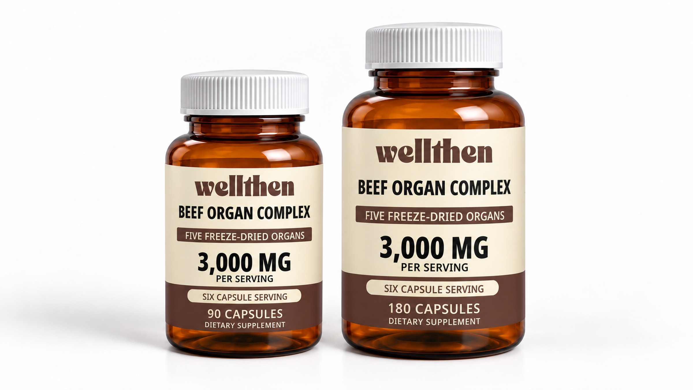 Two beef organ complex bottles in 90 and 180-capsule sizes