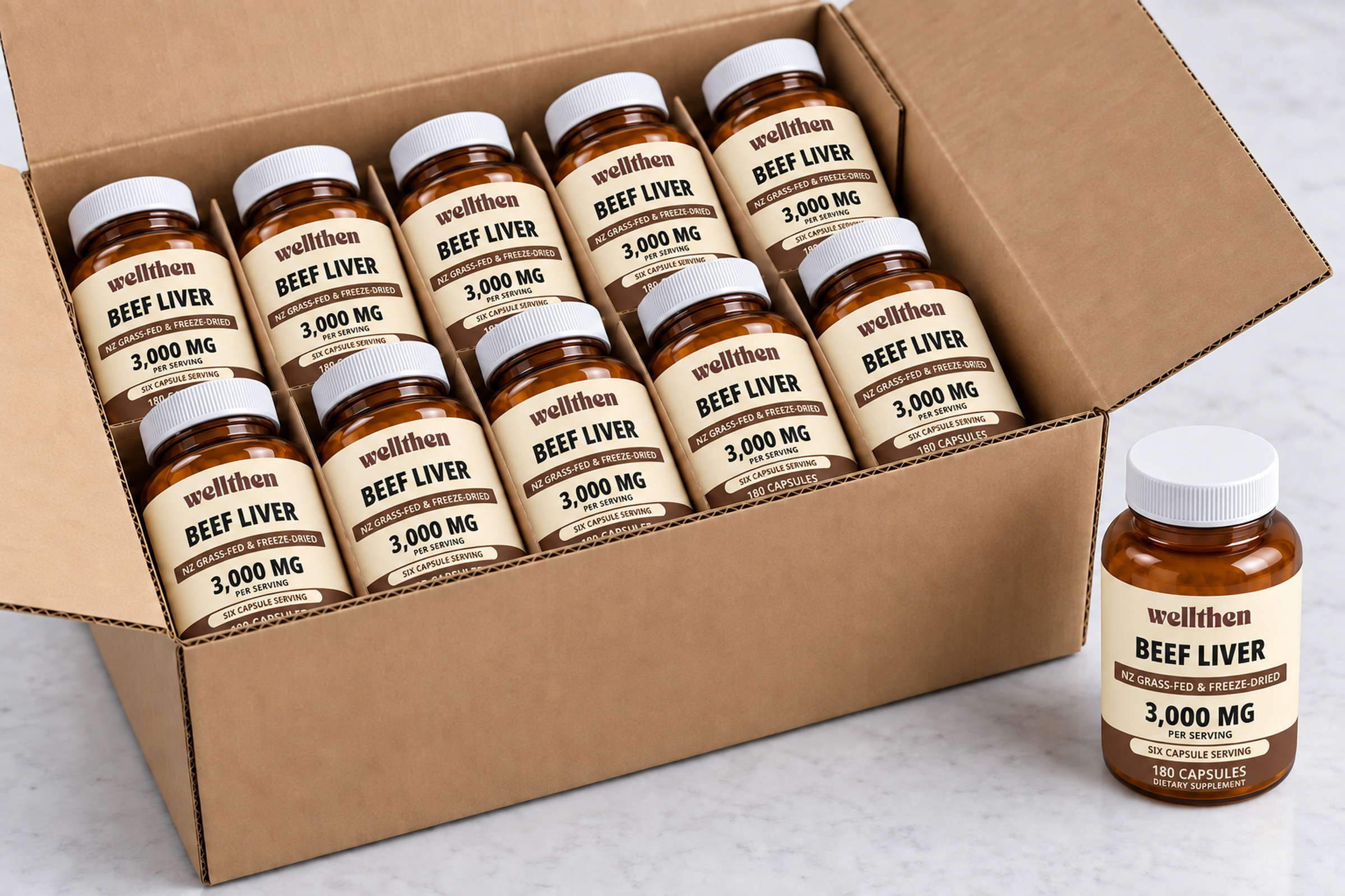 Case of retail-ready beef liver bottles with one bottle beside it