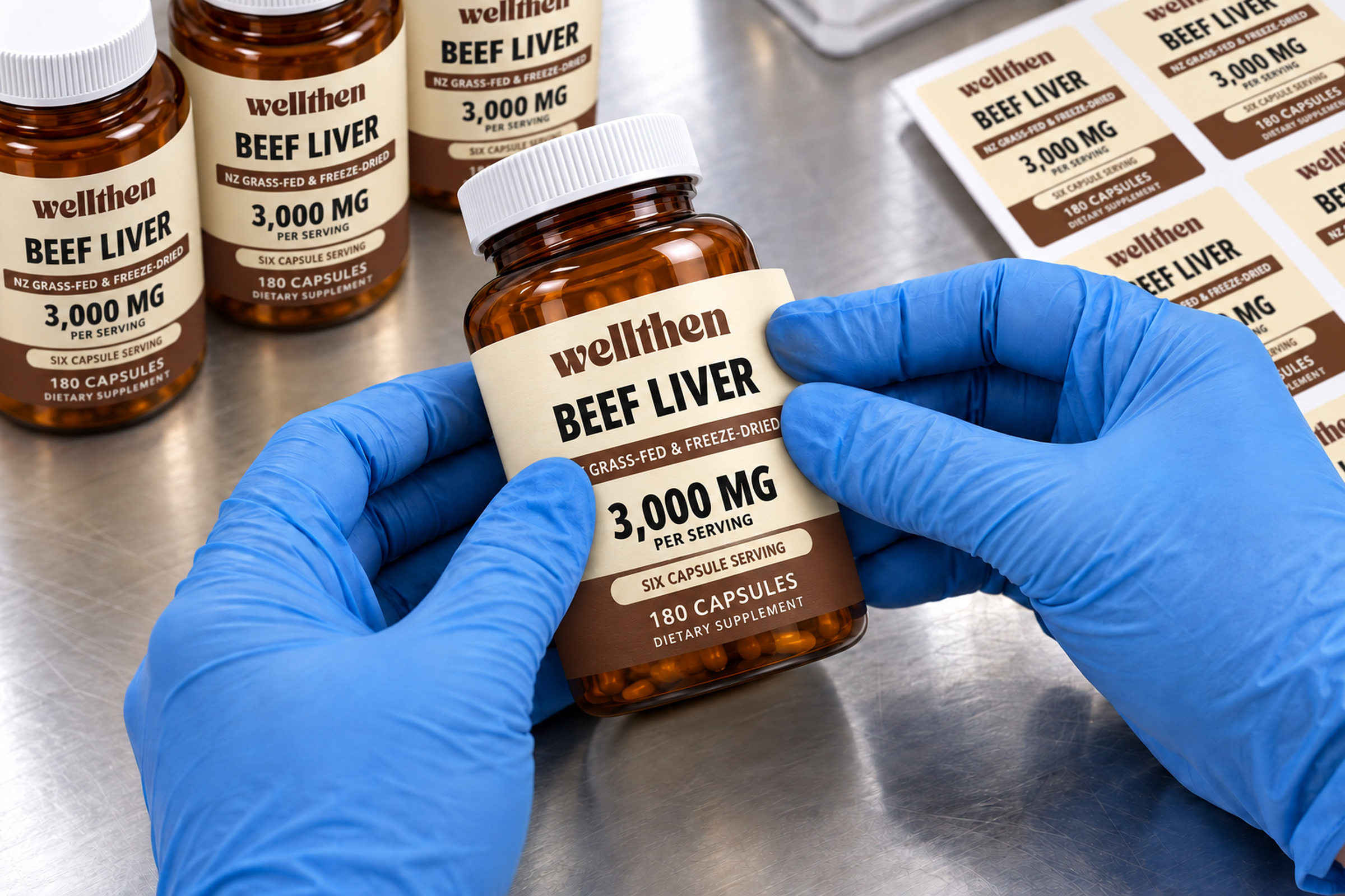 Gloved hands applying a beef liver label to a finished amber bottle
