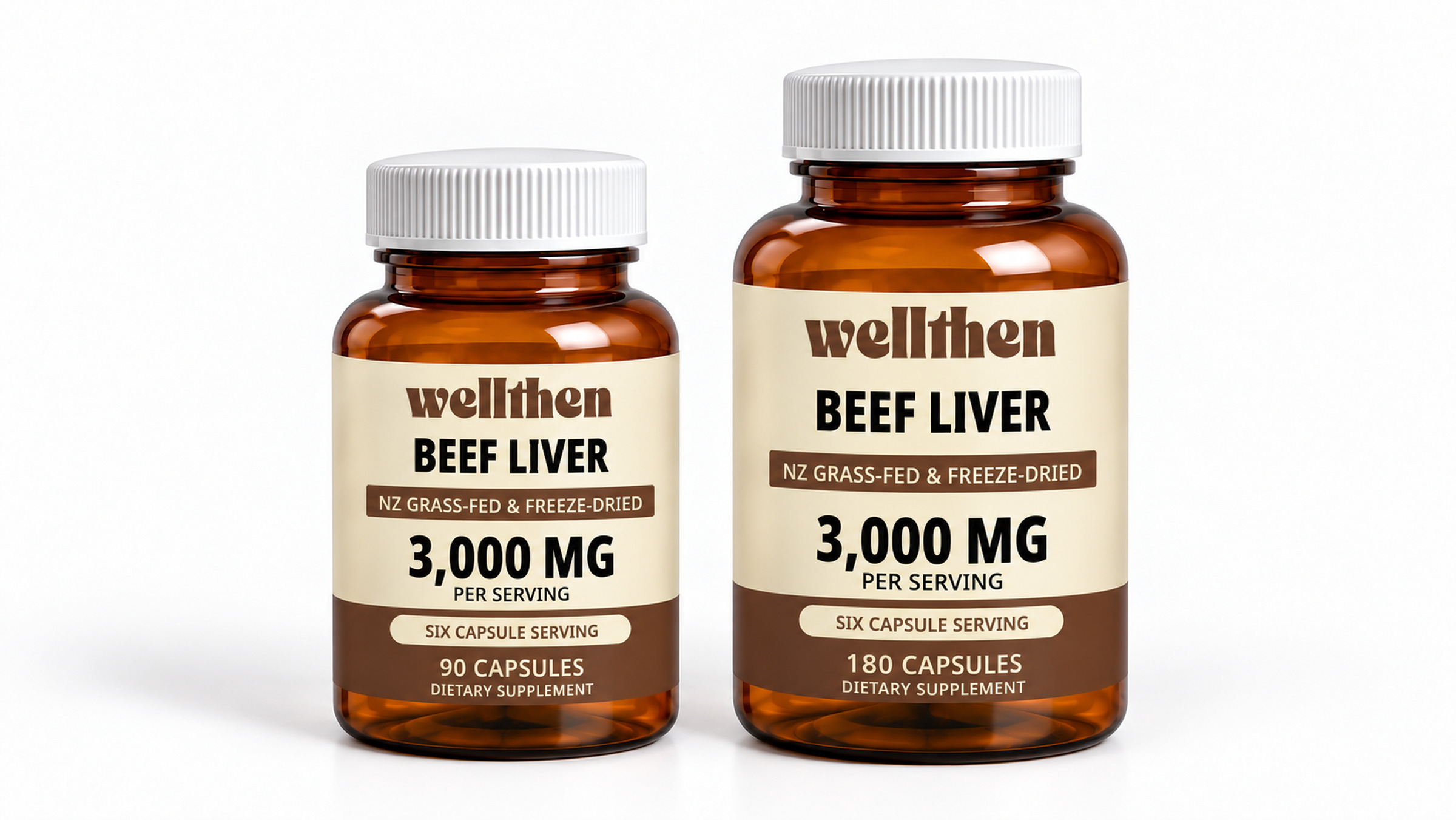 Two beef liver bottles in 90 and 180-capsule sizes