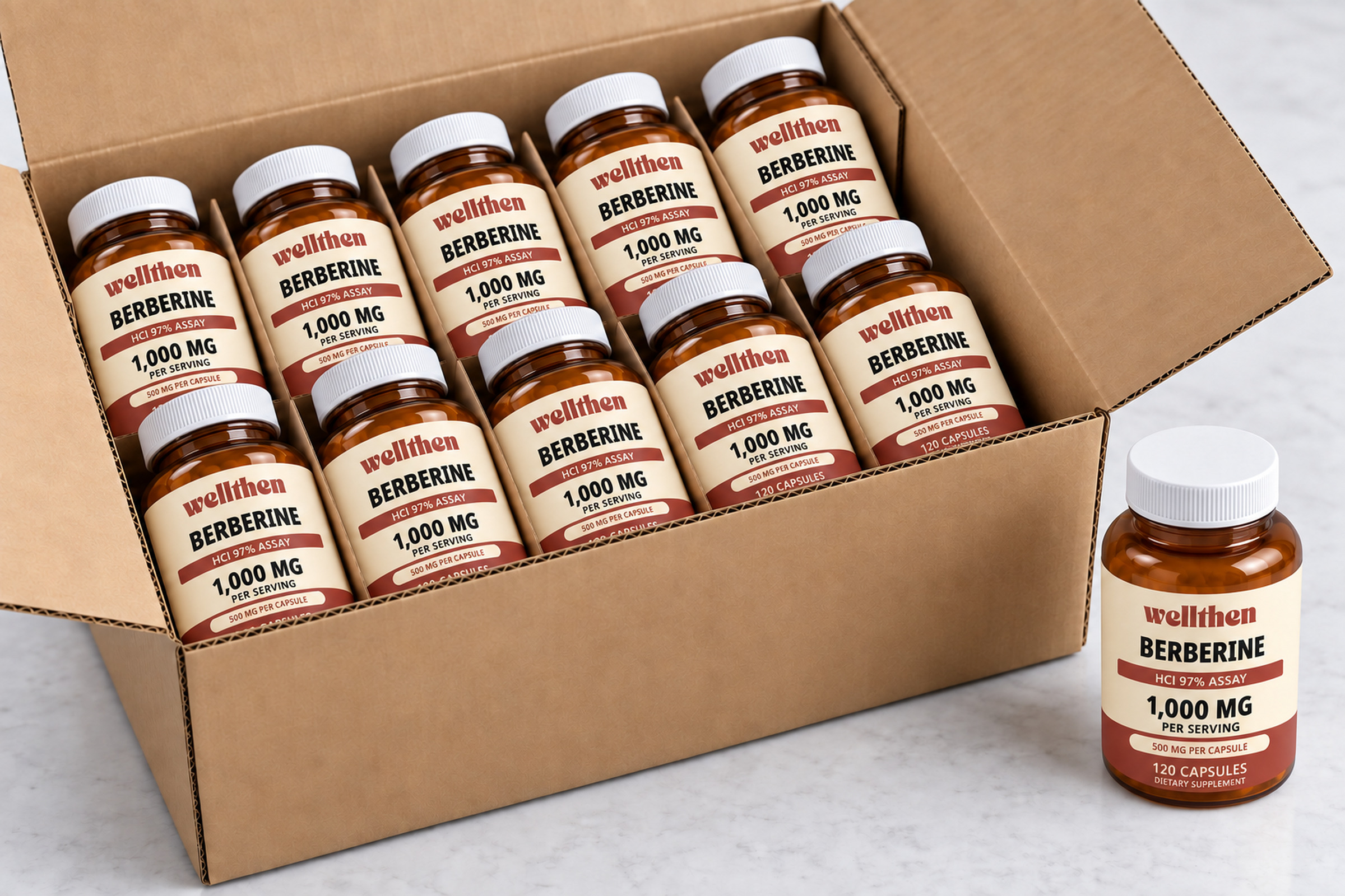 Retail-ready case of labeled berberine bottles with a finished bottle beside it