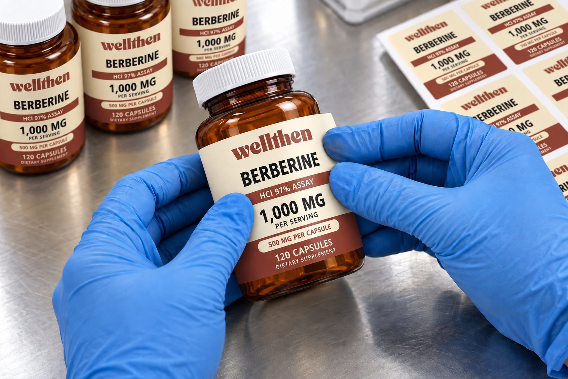 Hands applying a custom berberine label to an amber bottle