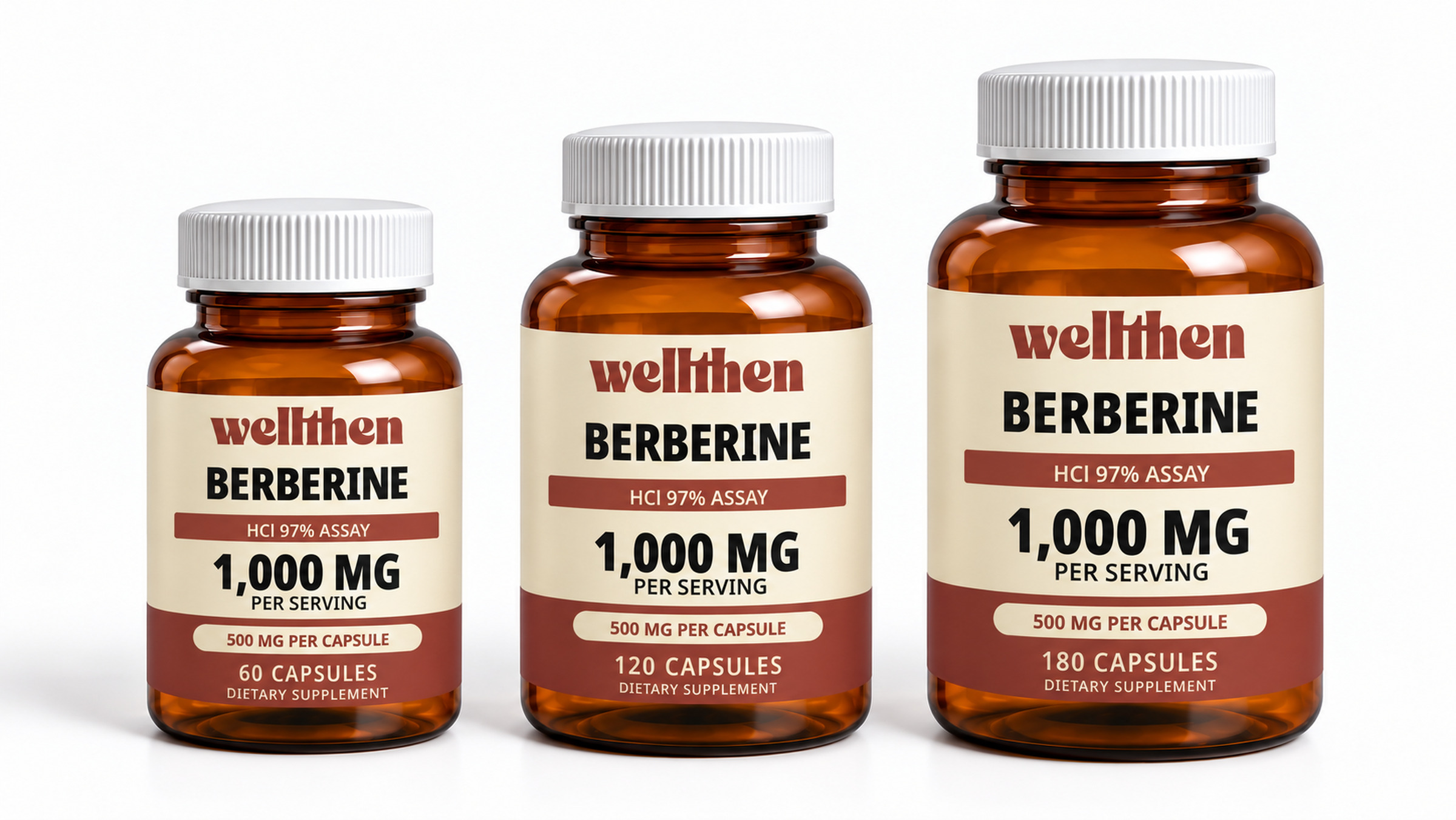 Three berberine bottles in ascending 60, 120, and 180-capsule sizes