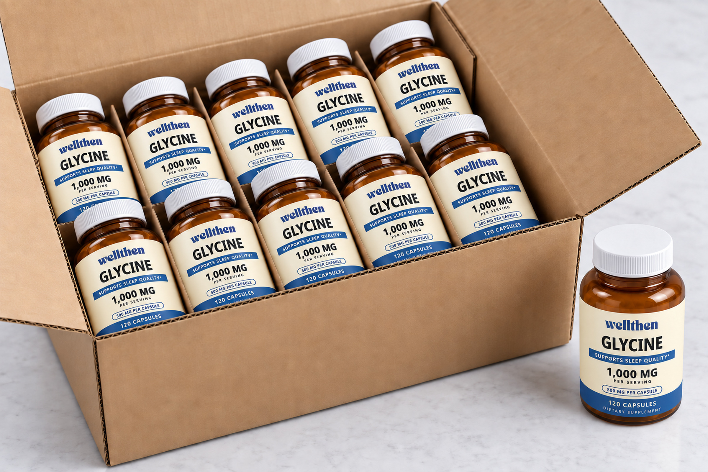 Retail-ready case of labeled glycine bottles with a finished bottle beside it