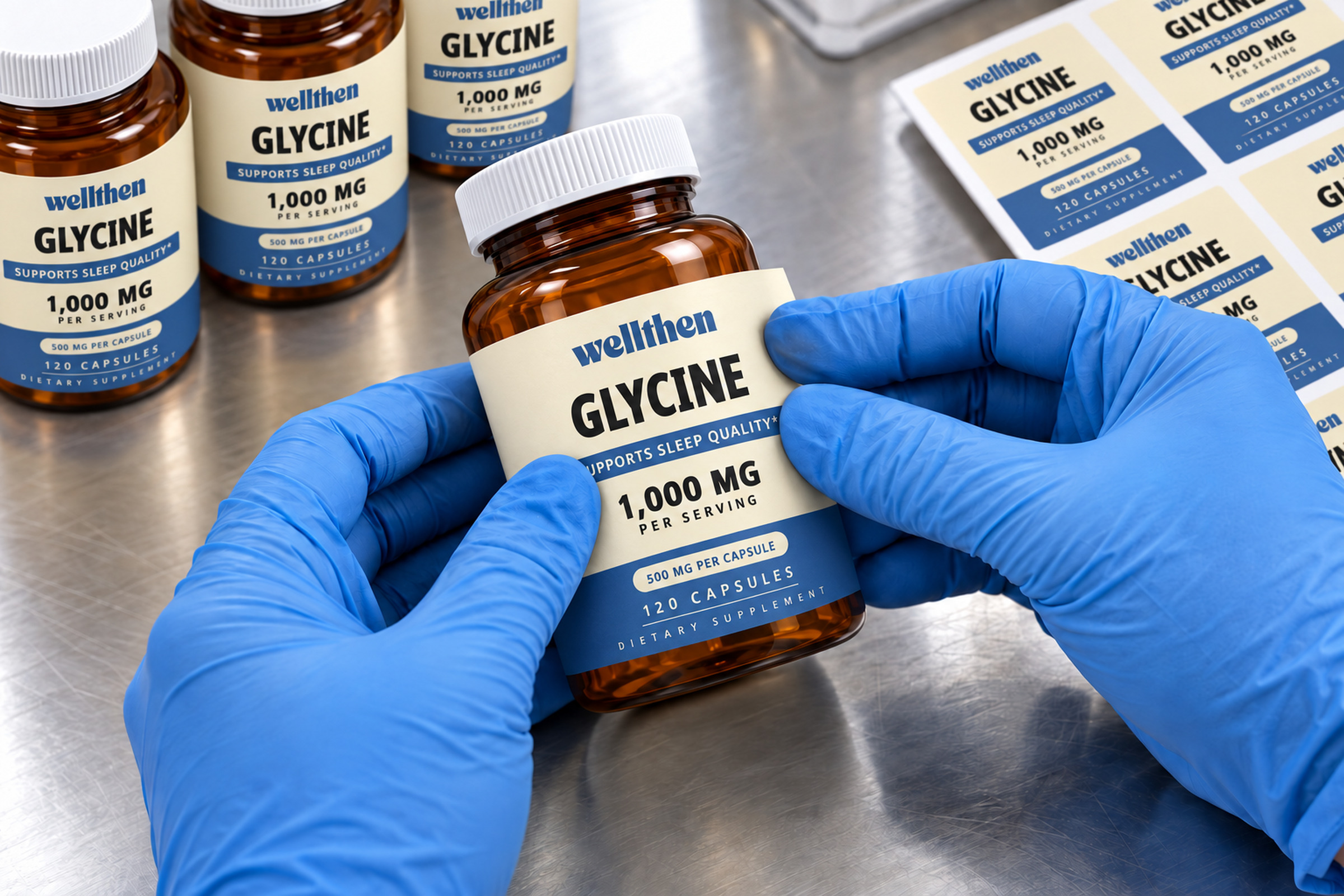 Hands applying a custom glycine label to an amber bottle