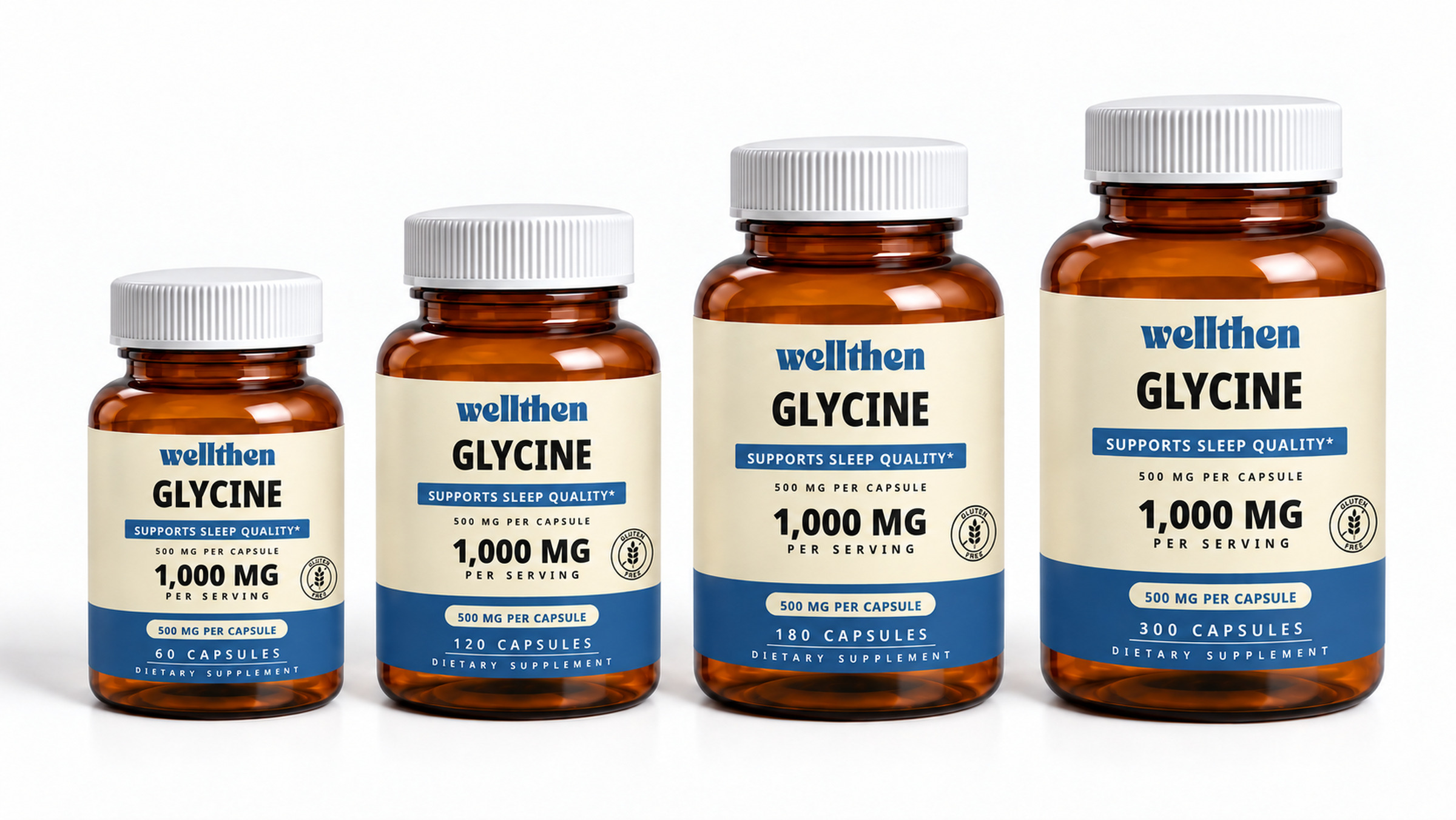 Four glycine bottles in ascending 60, 120, 180, and 300-capsule sizes