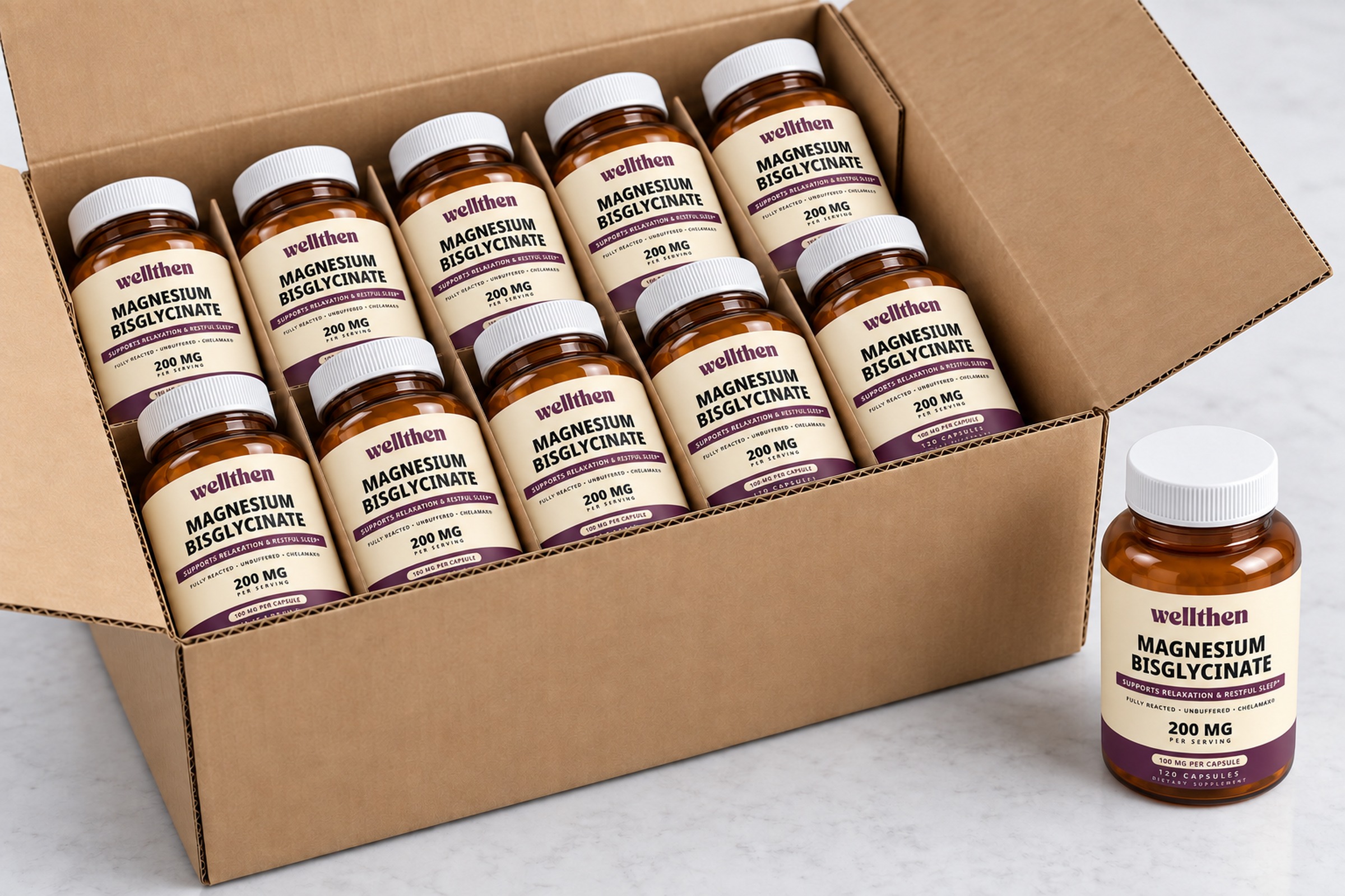 Retail-ready case of labeled magnesium bisglycinate bottles and one bottle beside it