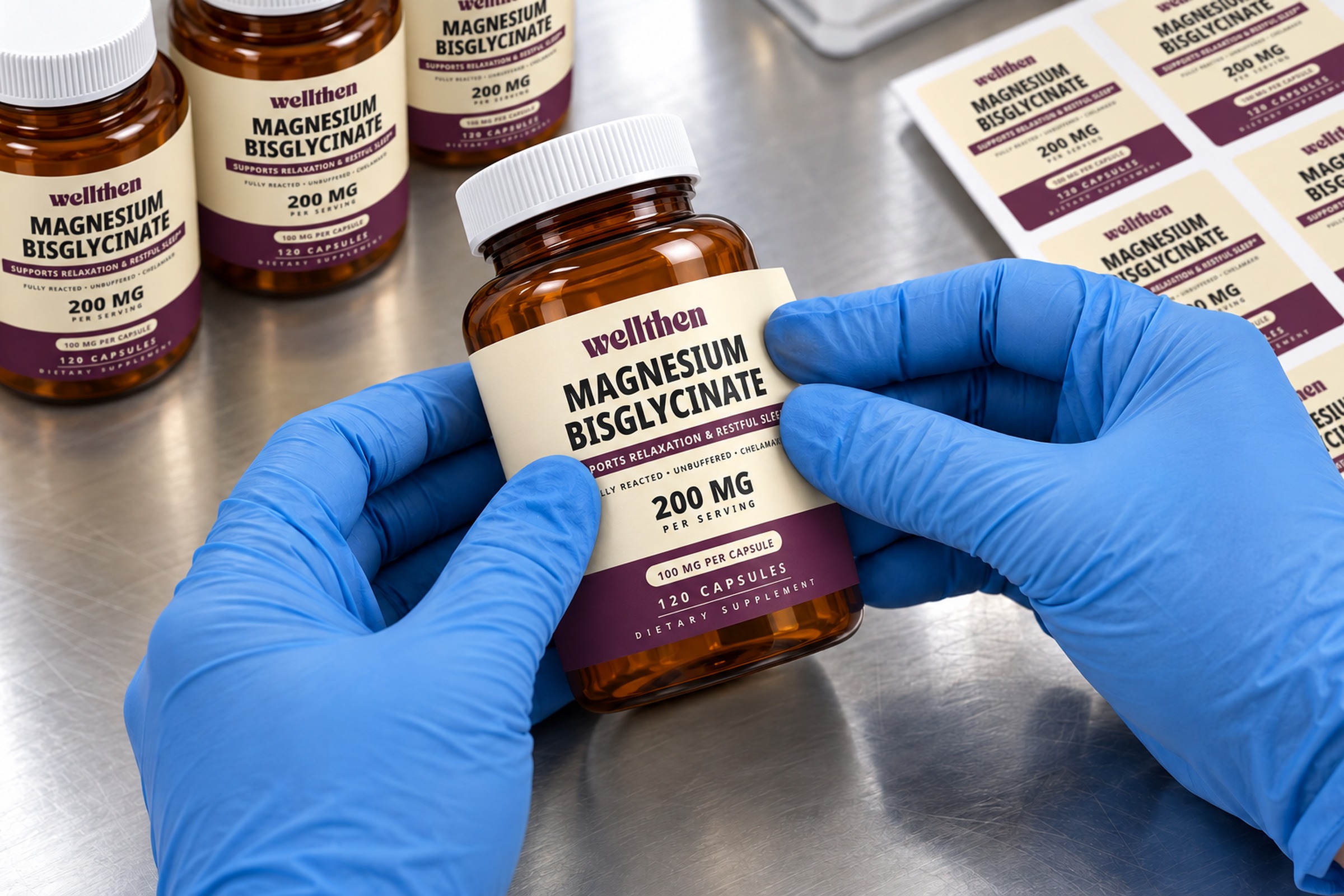 Hands applying a custom label to an amber magnesium bottle