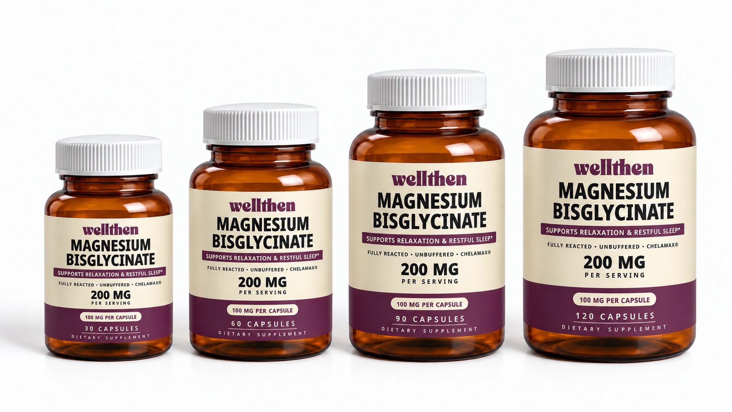 Four amber magnesium bottles in ascending 30, 60, 90, and 120-capsule sizes