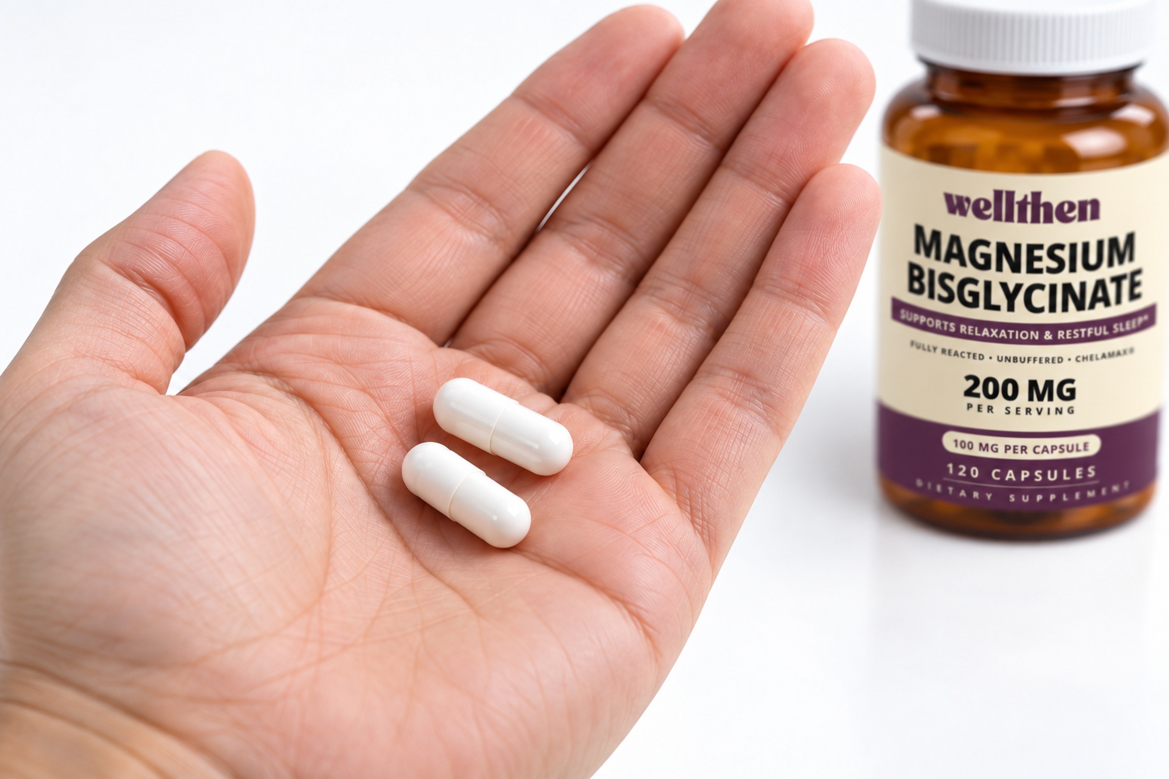 Two magnesium bisglycinate capsules in a hand beside the finished bottle