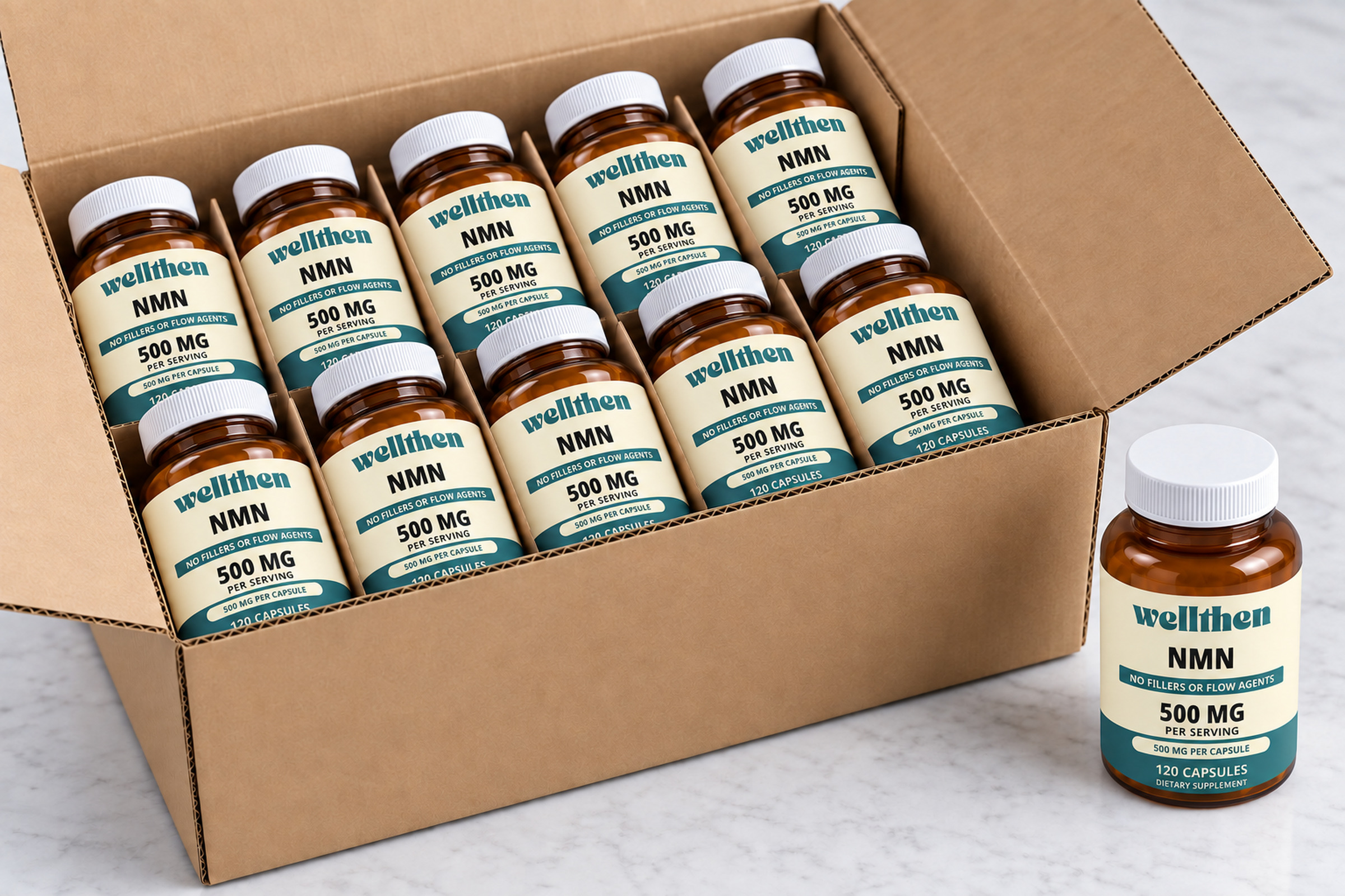 Retail-ready case of labeled NMN bottles with a finished bottle beside it