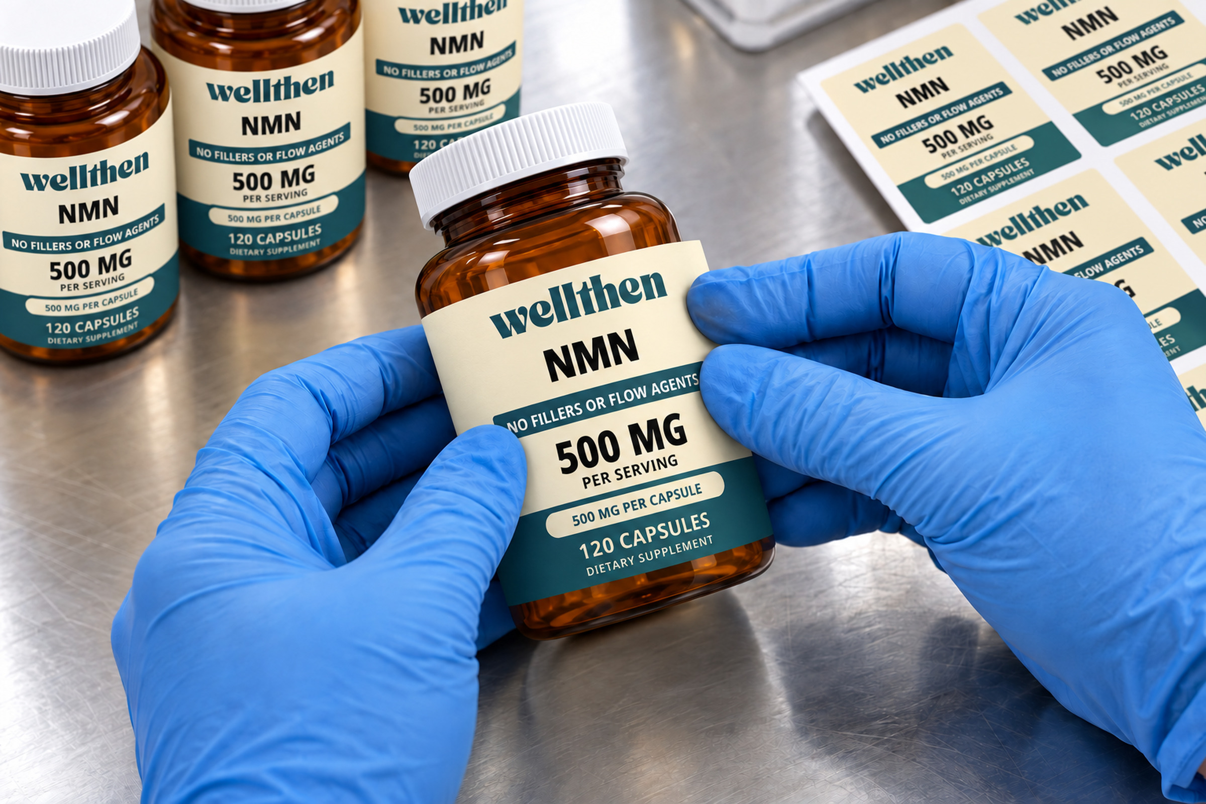 Hands applying a custom NMN label to an amber bottle