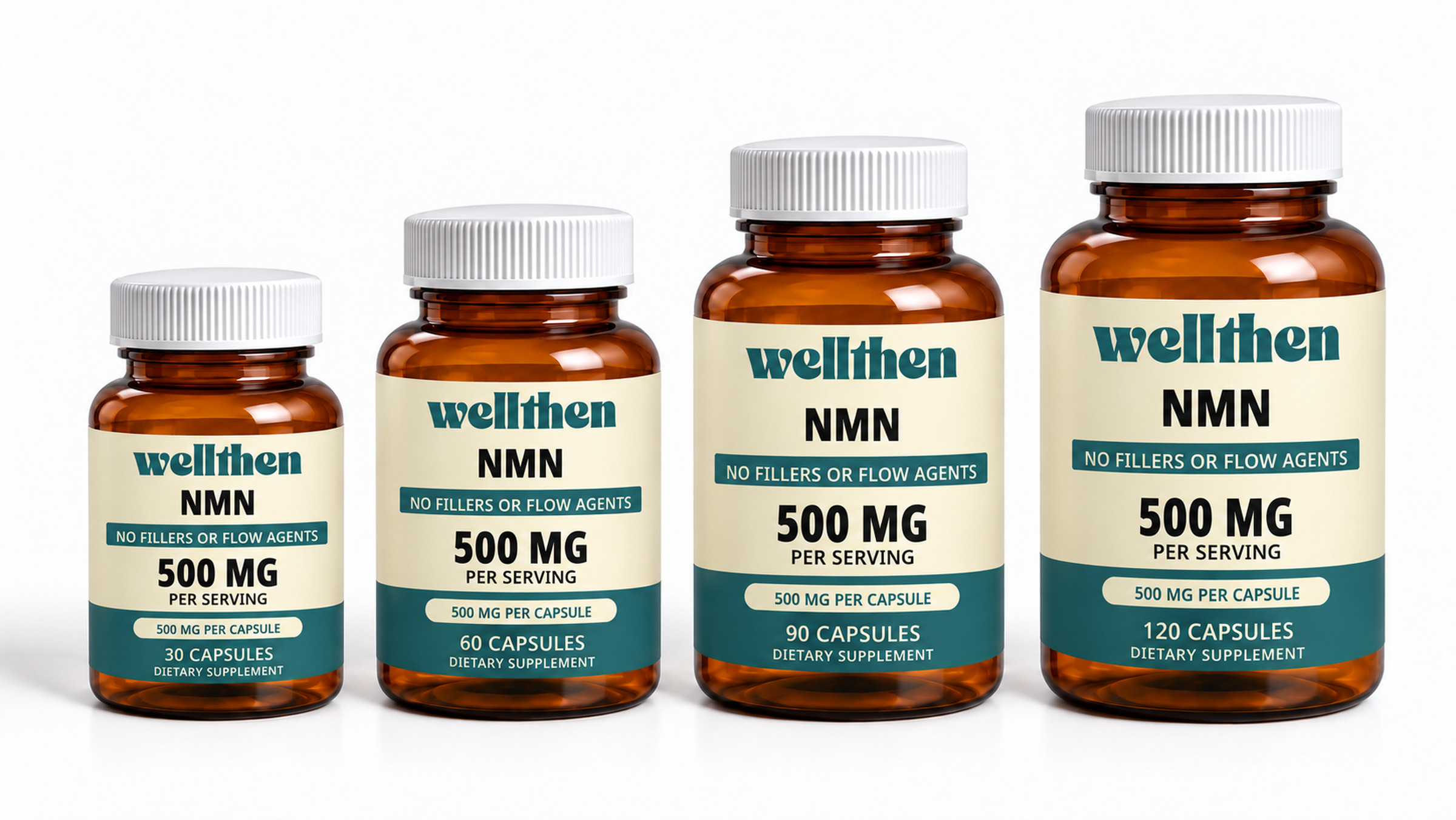 Four NMN bottles in ascending 30, 60, 90, and 120-capsule sizes
