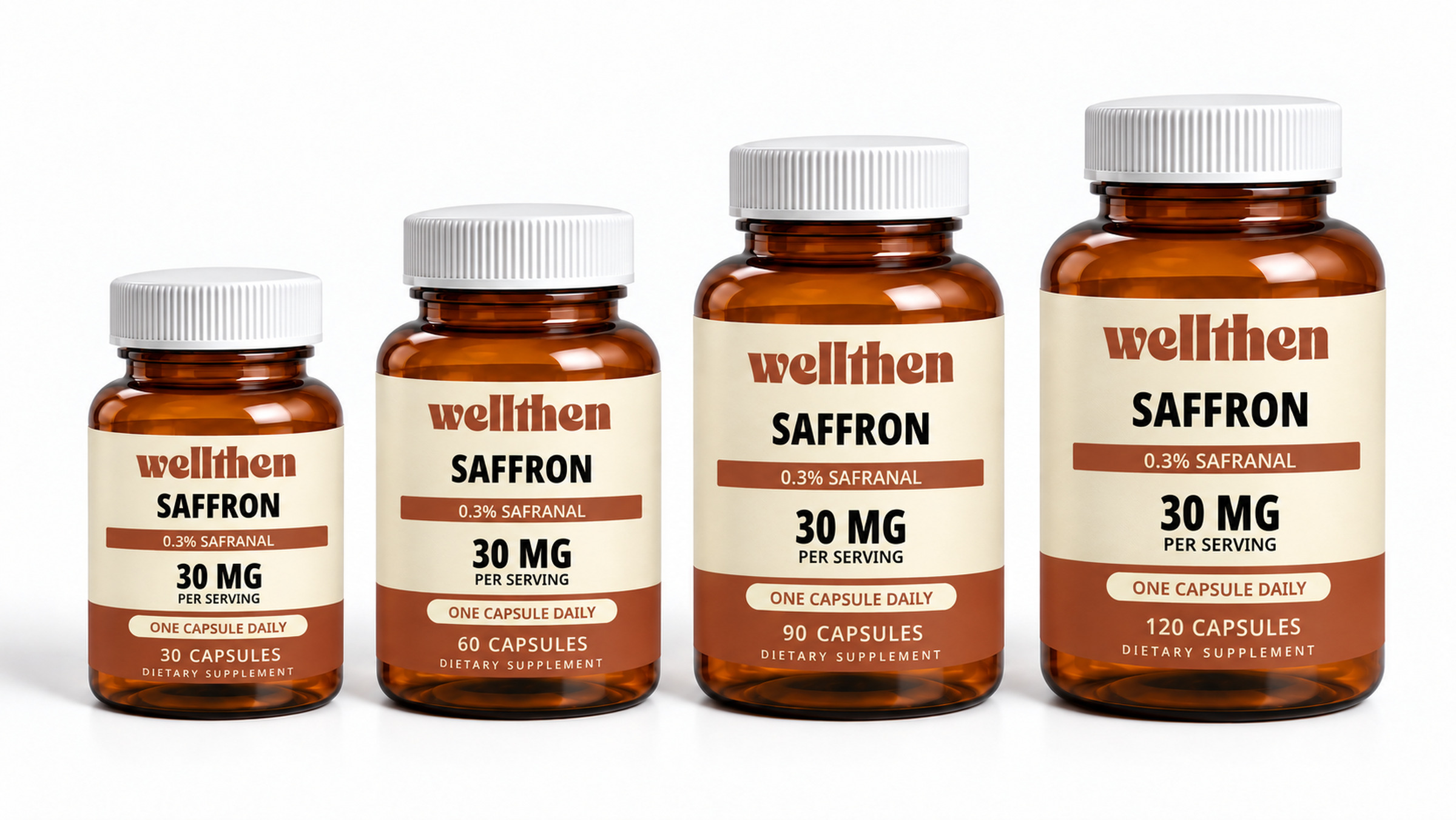 Four saffron bottles in ascending 30, 60, 90, and 120-capsule sizes
