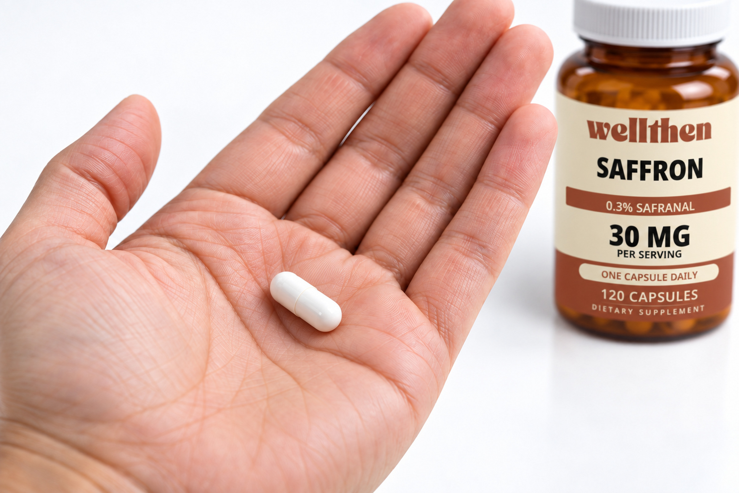 One saffron capsule in a hand beside a finished 120-count bottle